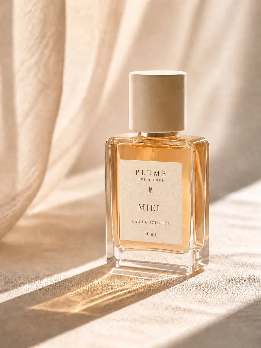 午後の光を受ける Miel の香水瓶