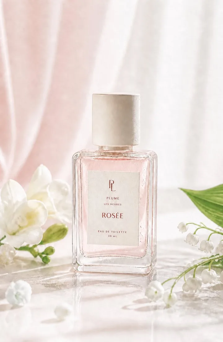朝の光の中に置かれた Rosée の香水瓶