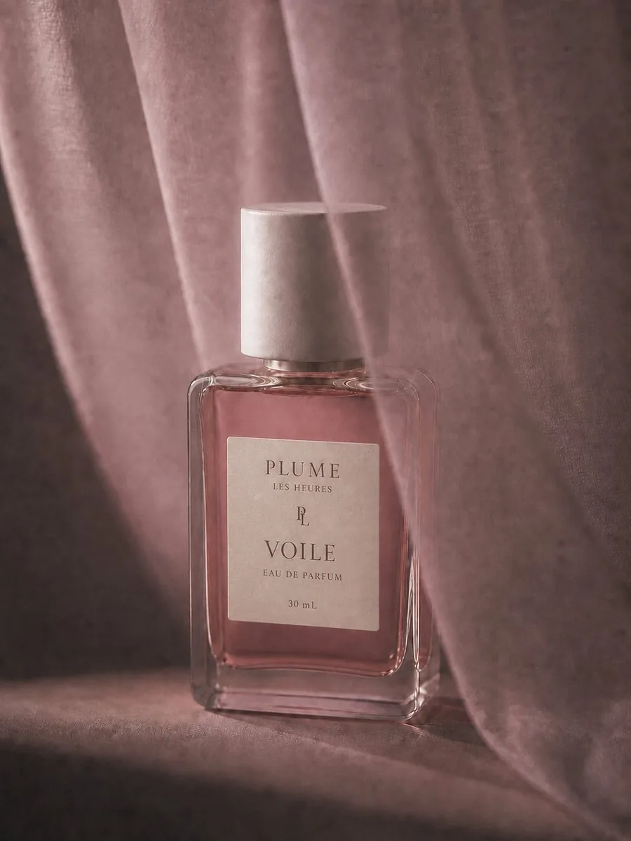 夕暮れの薄い光の中に置かれた Voile の香水瓶