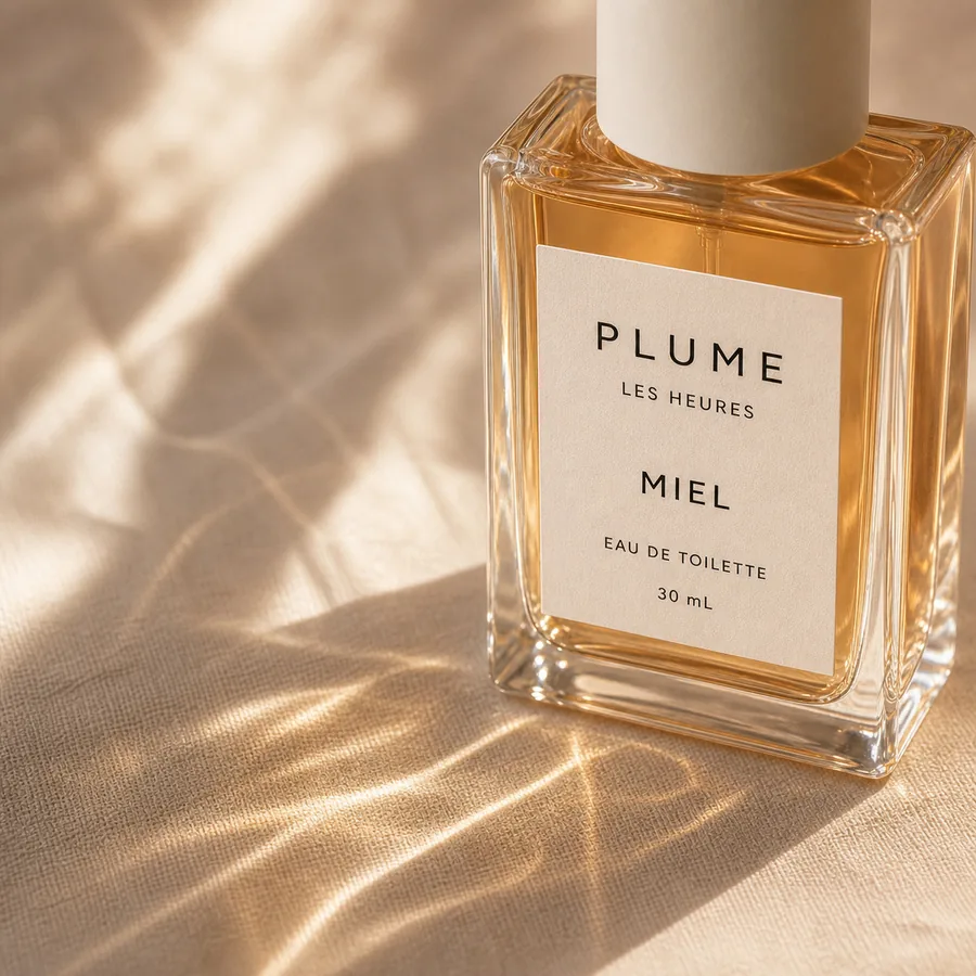 Miel のボトルに反射する午後の光