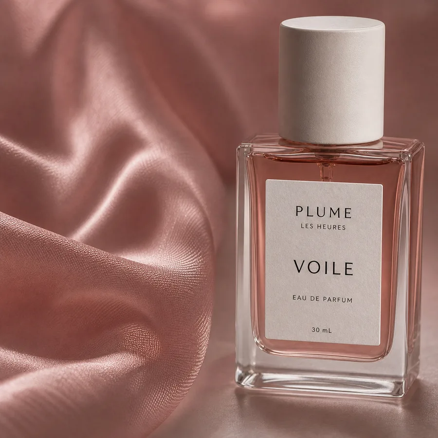 Voile のボトルとくすんだピンクの布