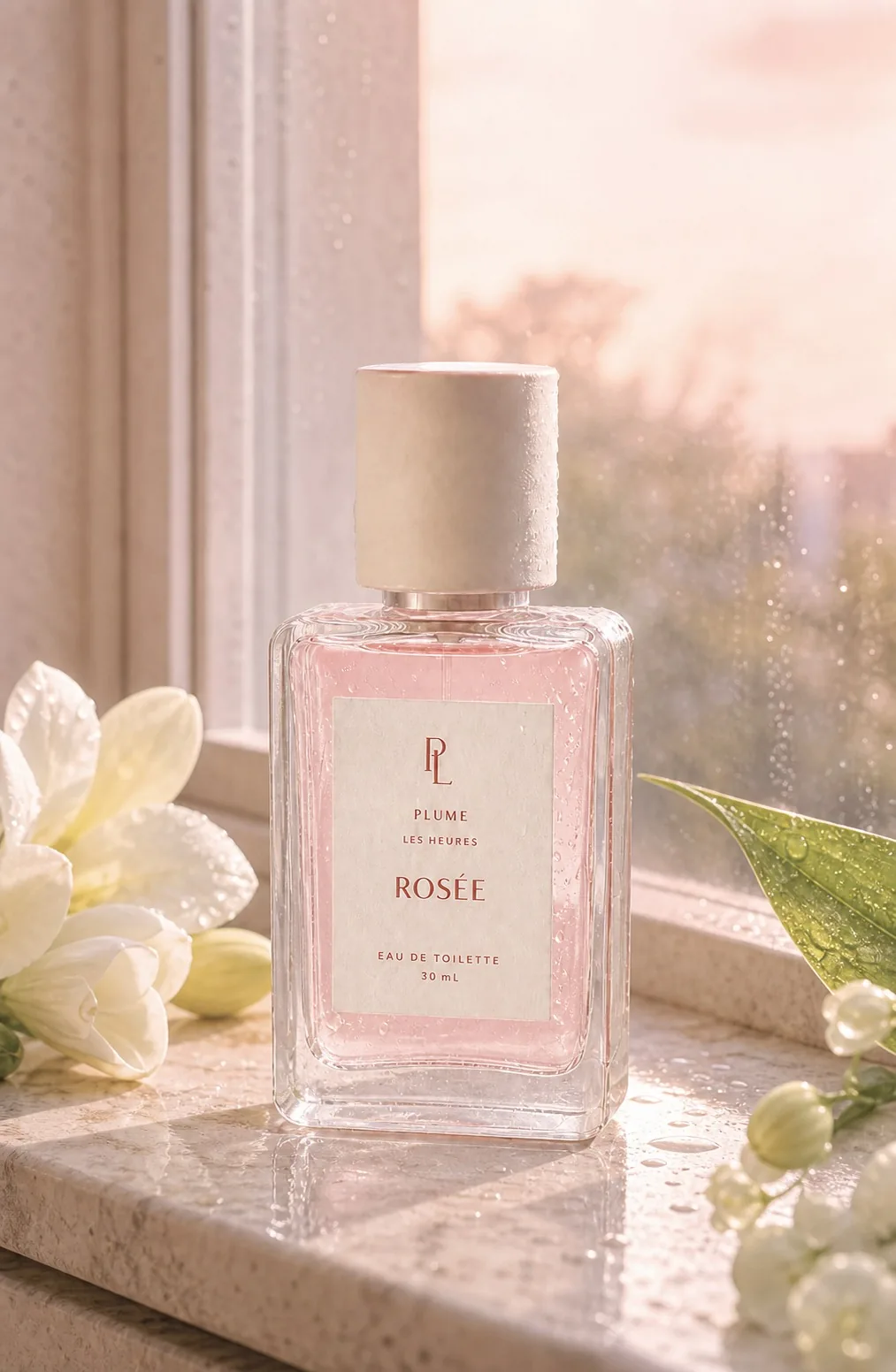 朝の窓辺に置かれたRoséeのラベル付き香水瓶