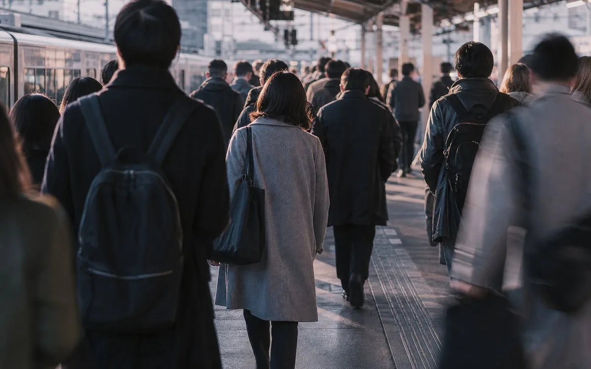 朝の街を歩く人の後ろ姿